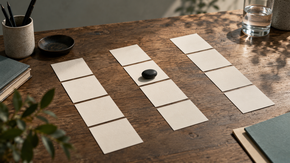 Tarjetas de papel ordenadas en varios caminos con una piedra negra como punto de decisión