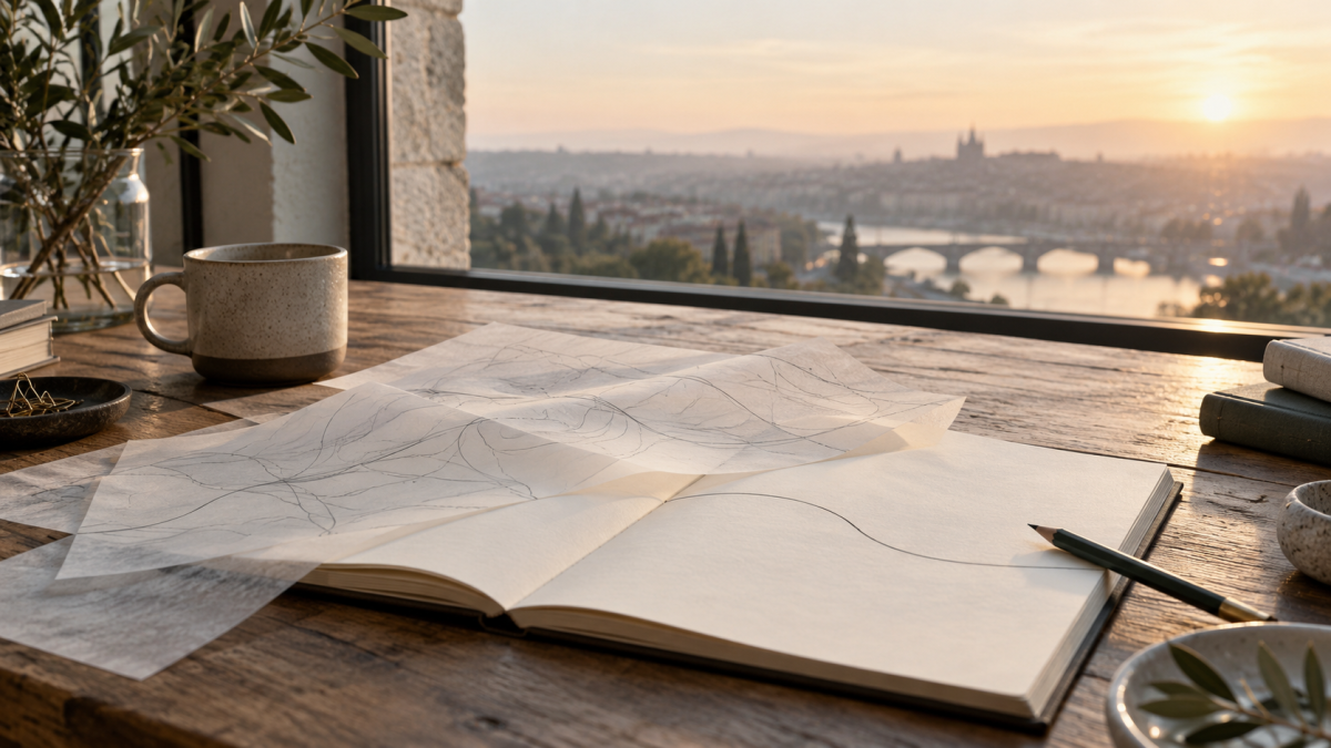 Cuaderno abierto y varios caminos dibujados sobre una mesa al amanecer